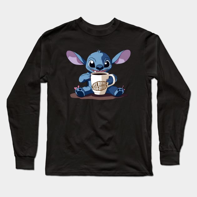 Cute Stich with coffee Long Sleeve T-Shirt by Artist usha